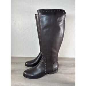 Isaac Mizrahi Live! 8.5 Medium Calf Studded Leather Riding Boot Chocolate Brown